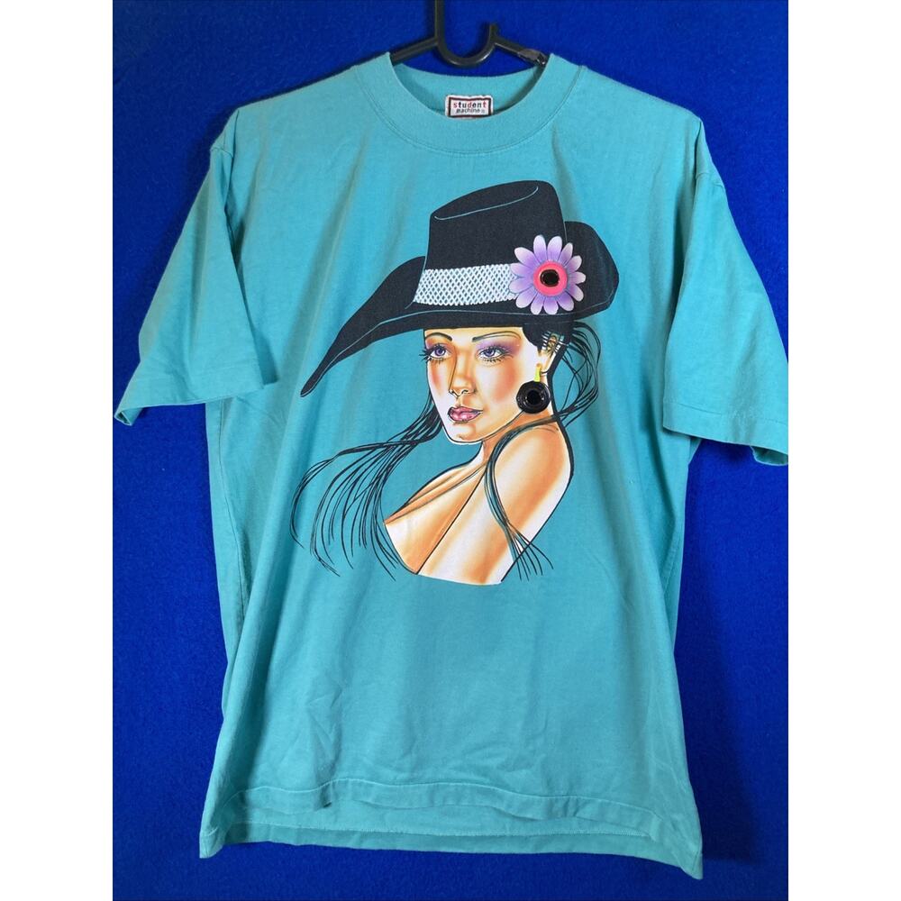 Vtg 90s Student Machine Graphic Tee Art Deco Lady Floral Hat Teal 100% cotton - Picture 11 of 11